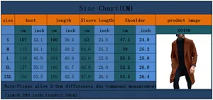 Detailed size chart for men's wool blend coat showing bust and length measurements