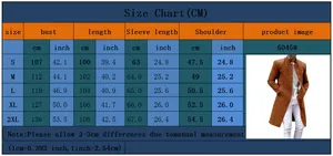 Detailed size guide table for men's wool blend coat with measurements for S to 2XL