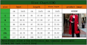 Size chart for long wool coat showing bust and length measurements in cm and inches