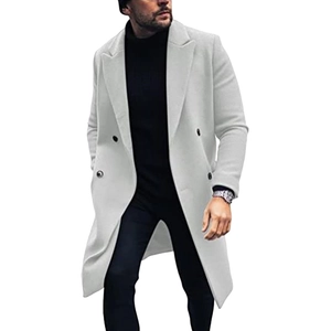 Detailed texture of thick light grey wool blend coat with elegant double-breasted buttons