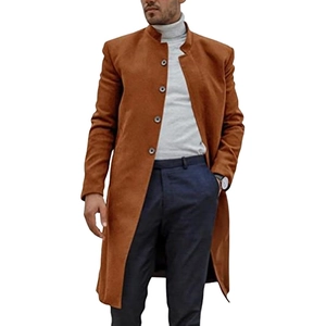 Men's wool coat in caramel brown with stand collar and single-breasted button design