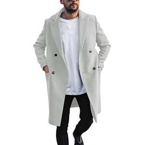 Men's light grey wool double-breasted overcoat with classic lapels and modern slim fit