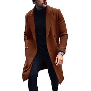 Classic men's double-breasted wool overcoat in camel brown with a large lapel collar