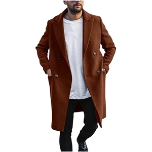 Detail view of men's brown wool coat featuring classic double-breasted buttons and lapel