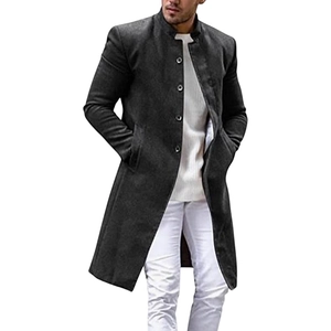 Macro detail of the men's stand collar wool coat with single-breasted button closure