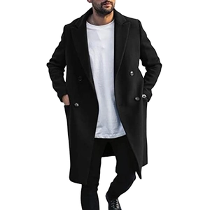 Detailed view of classic double-breasted woolen coat featuring lapel and silver buttons