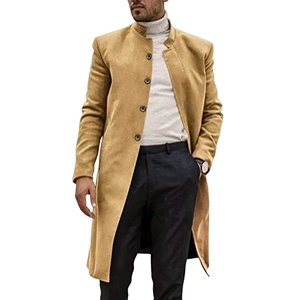 Men's khaki wool blend overcoat with a stand collar and slim fit business casual style