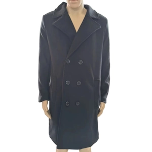Front view of men's black double-breasted wool overcoat with classic lapels on a mannequin