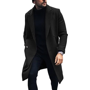 Mens slim fit double breasted black wool overcoat with notched lapels and mid-length cut