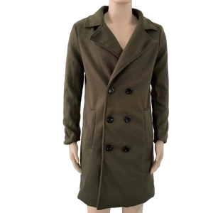 Detailed front view of olive green double-breasted wool coat with notch lapels and black buttons