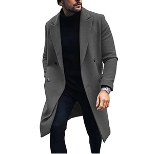 Men's dark grey wool coat with double-breasted buttons and classic lapel collar