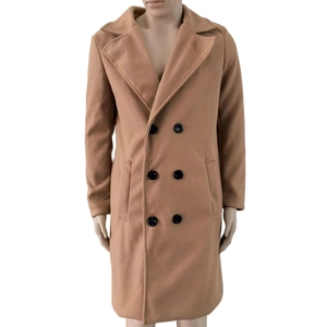 Detail view of camel wool blend coat featuring double-breasted buttons and classic lapels