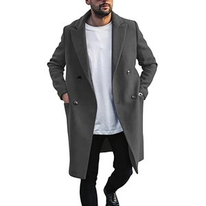 Detail view of charcoal grey double-breasted wool overcoat with notch lapels for men