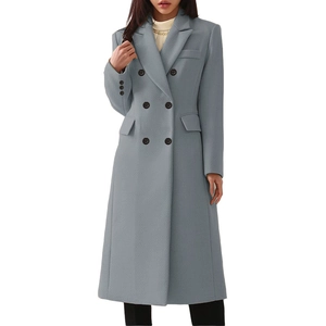 Classic light grey blue double-breasted long wool coat with lapel collar for women