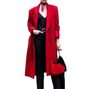 Classic red double-breasted long wool coat for women with stylish notched lapel design