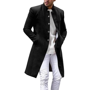 Detail of men's black wool overcoat with standing collar and four-button closure design