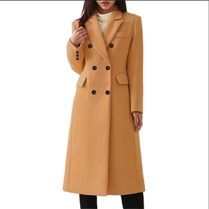 Women's camel double-breasted wool coat with classic lapels and black buttons
