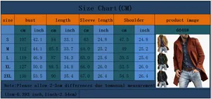 Detailed size chart for men's wool coat with measurements in centimeters and inches