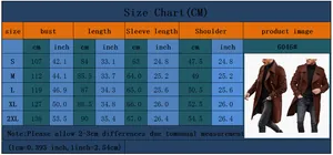 Detailed size chart for men's wool coat with bust, length, sleeve and shoulder measurements