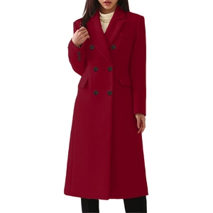 Classic double-breasted long wool coat in deep red with lapel collar and side pockets