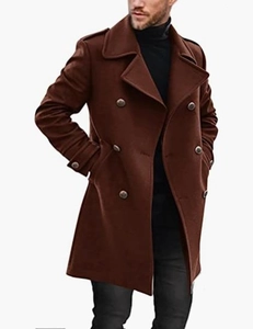 Detail of men's double-breasted wool coat with epaulets and cuff straps in dark brown