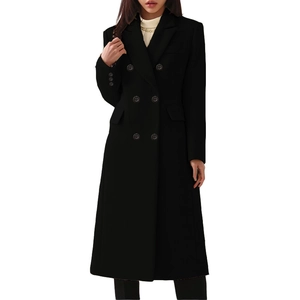 Detail of a black double-breasted long wool coat with classic lapels and decorative buttons
