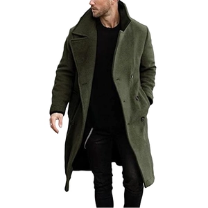 Classic olive green men's long wool coat with large lapels and thick warm fabric