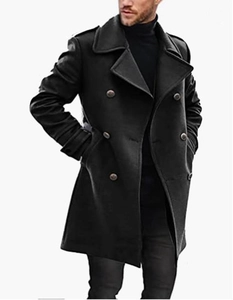 Close-up of the thick wool texture and double-breasted buttons on a men's winter overcoat