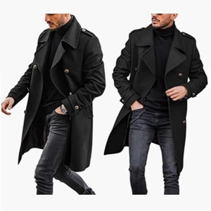 Classic black double-breasted wool coat for men with lapel collar and shoulder epaulets