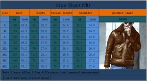 Tabla de tallas detallada para chaqueta de invierno de ante sintético para hombre con medidas