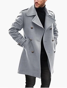 Detail of light gray double-breasted wool coat with classic lapels and shoulder epaulets