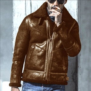Chaqueta de Invierno para Hombre de Ante Grueso Forrada de Forro Polar Vintage Solapa Manga Larga Cremallera Completa Bomber Ropa Exterior Abrigo Casual