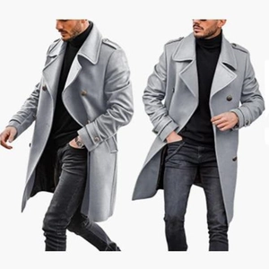 Light grey double-breasted men's wool coat with epaulettes in a classic urban style