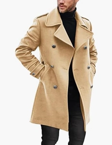Classic camel double-breasted wool coat for men featuring notched lapels and buckle cuffs