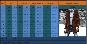 Detailed size chart for faux suede winter coat including S-5XL measurements in cm and inches