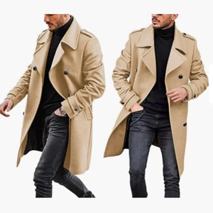 Men's khaki wool coat with double-breasted design and classic trench coat details