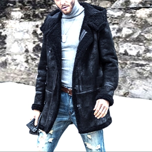 Men's winter black faux suede shearling coat with hooded collar and thick fleece lining