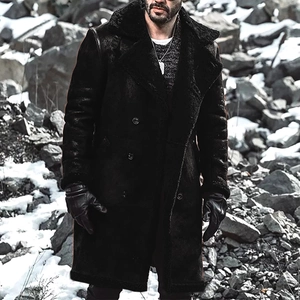 Men's double-breasted faux suede long coat with warm black shearling lining and wide lapels