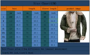 Size chart for winter faux suede jacket ranging from S to 5XL with CM and Inch measurements