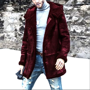 Men's burgundy hooded faux shearling coat styled with jeans in outdoor winter scenery