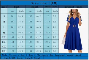 Detailed size chart for the blue V-neck dress including bust, length, and sleeve measurements