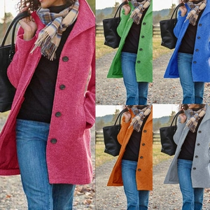 Detail view of multi-color wool coats featuring large lapels and single-breasted buttons