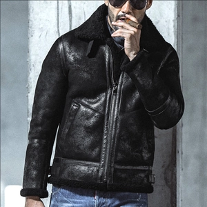 Chaqueta de invierno para hombre en ante sintético negro con forro de lana suave estilo B-3