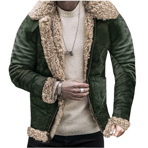Men's dark green faux suede jacket with warm beige shearling fleece lining and collar