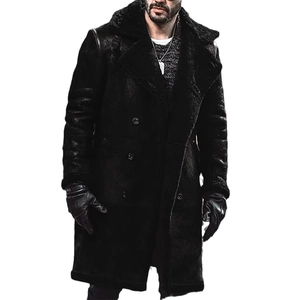 Men's black faux suede shearling long coat with lapel collar and double-breasted buttons