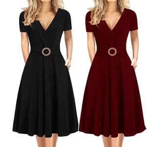 Detail showing V-neck design with waist ring buckle and side pockets on midi dresses