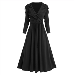 Elegant black long-sleeve V-neck wrap dress with pleated waist and A-line swing skirt