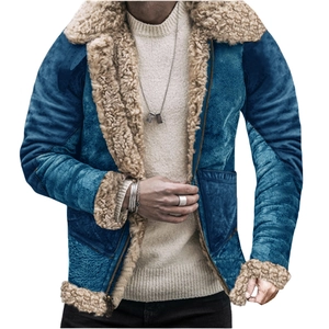 Mens blue faux suede winter jacket with warm beige shearling collar and lining