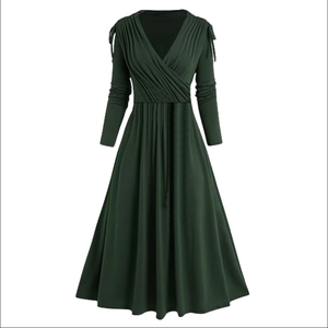Elegant dark green V-neck long sleeve dress with pleated waist and A-line silhouette