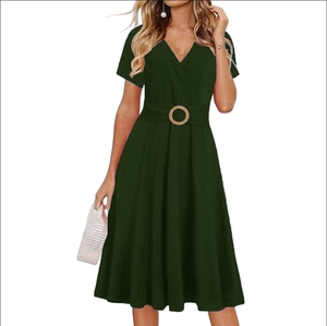 Deep green V-neck short sleeve A-line midi dress with a retro round buckle belt